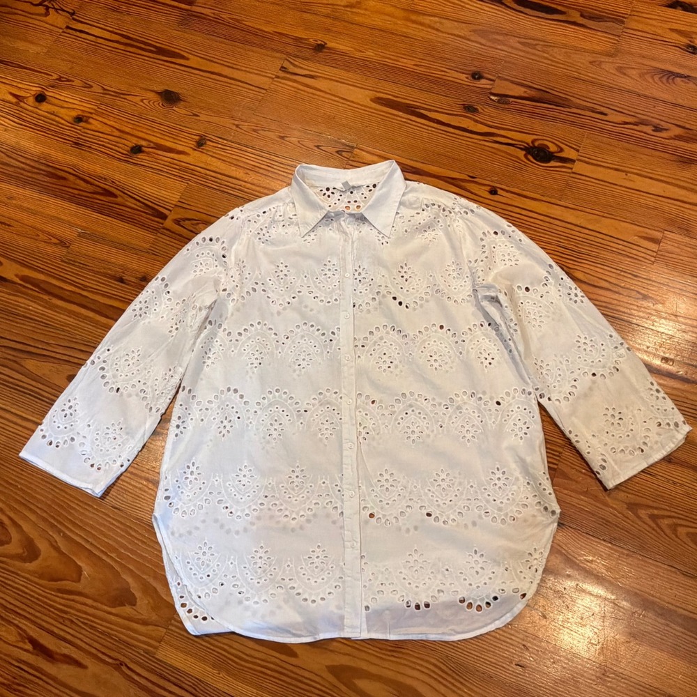 Adivi Womens 2X White Cotton Eyelet Button Shirt Roll Tab Boho Beach Coastal EUC